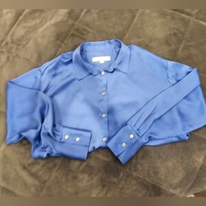 NWOT LOFT Satin Button Down Shirt, Cobalt Blue, M